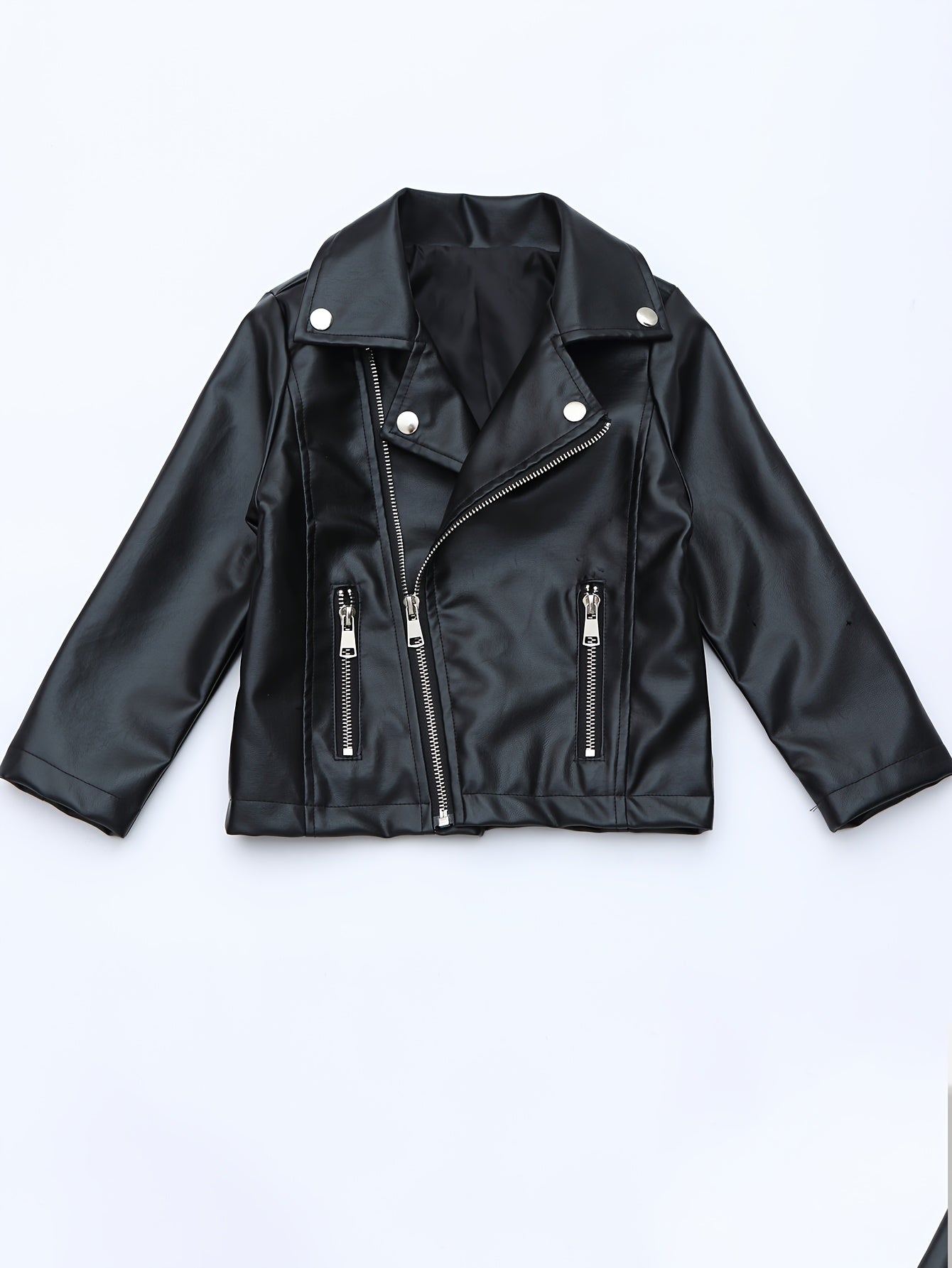 Boys Biker Jacket Black Polyester Casual Spring Fall Button Pockets