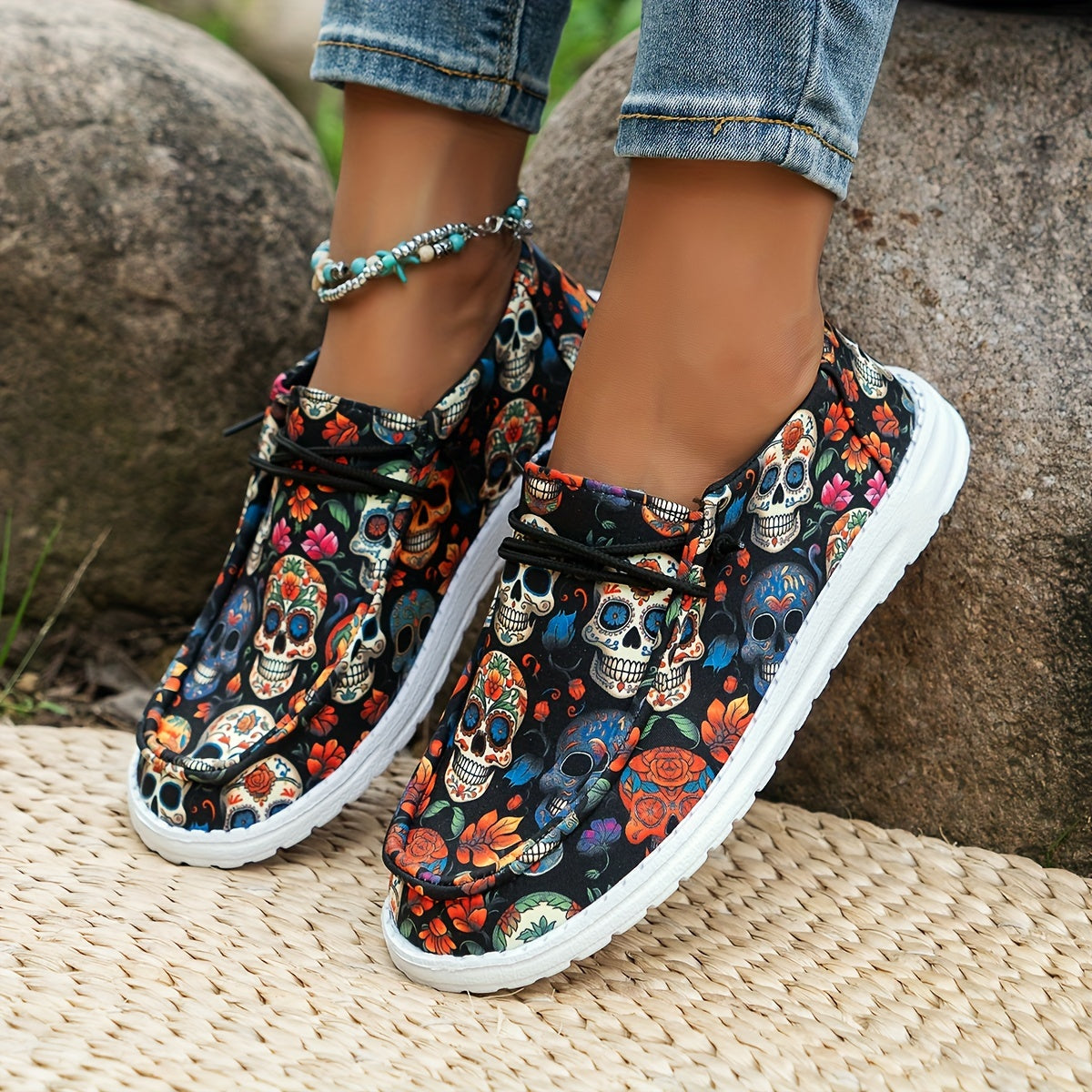 Women's Breathable Skull Print Loafers Slip-On Casual Walking Shoes