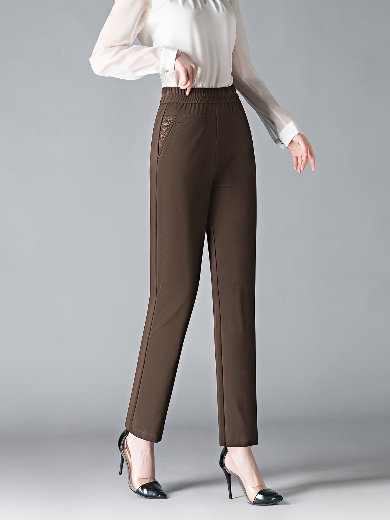 Plus Size Women's High-Waisted Stretch Pants Straight-Leg Dark Brown Black All-Season Formal Casual