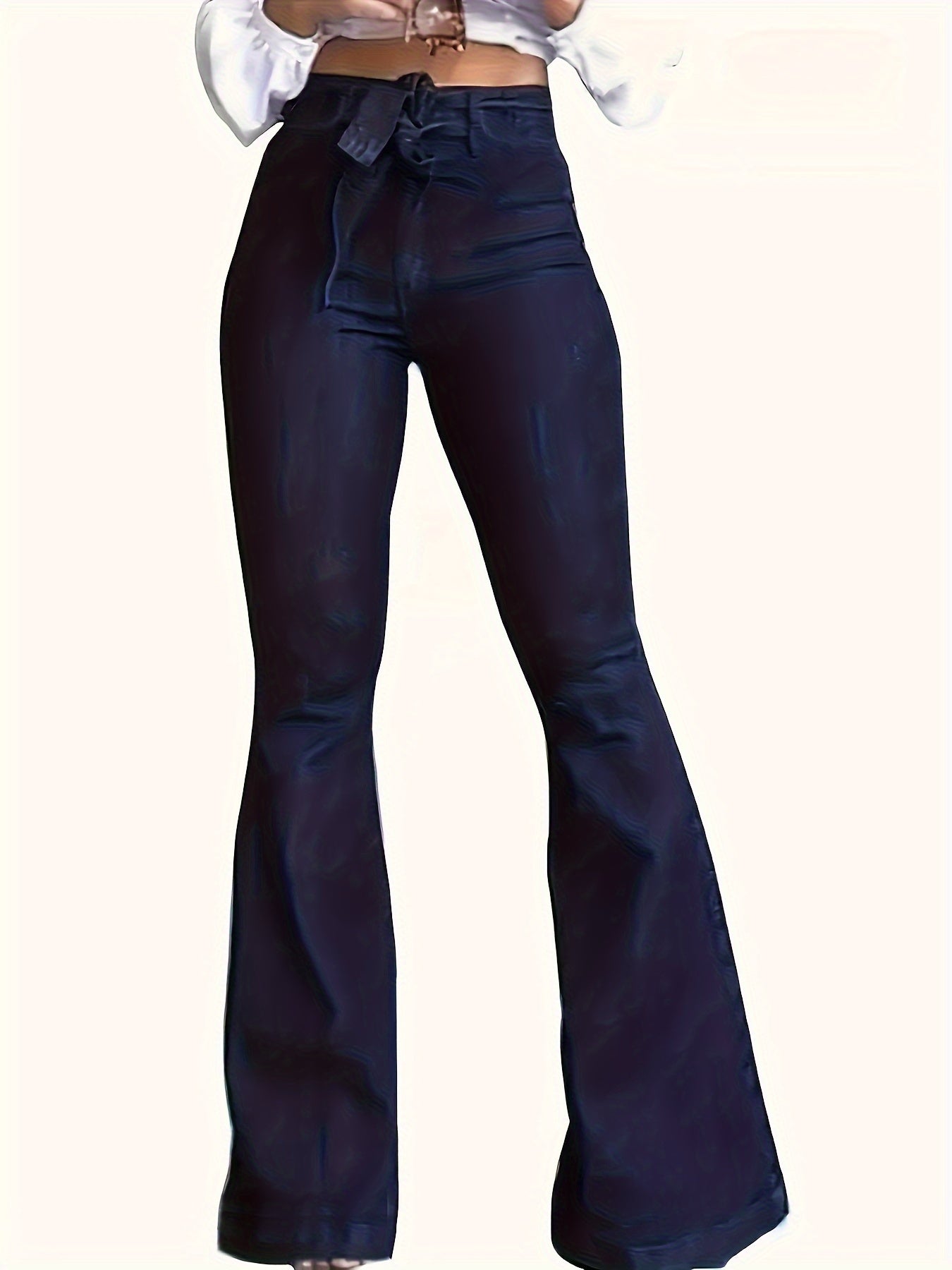 Women's Navy Blue High-Waist Flared Jeans with Stretch Denim and Tie Waist