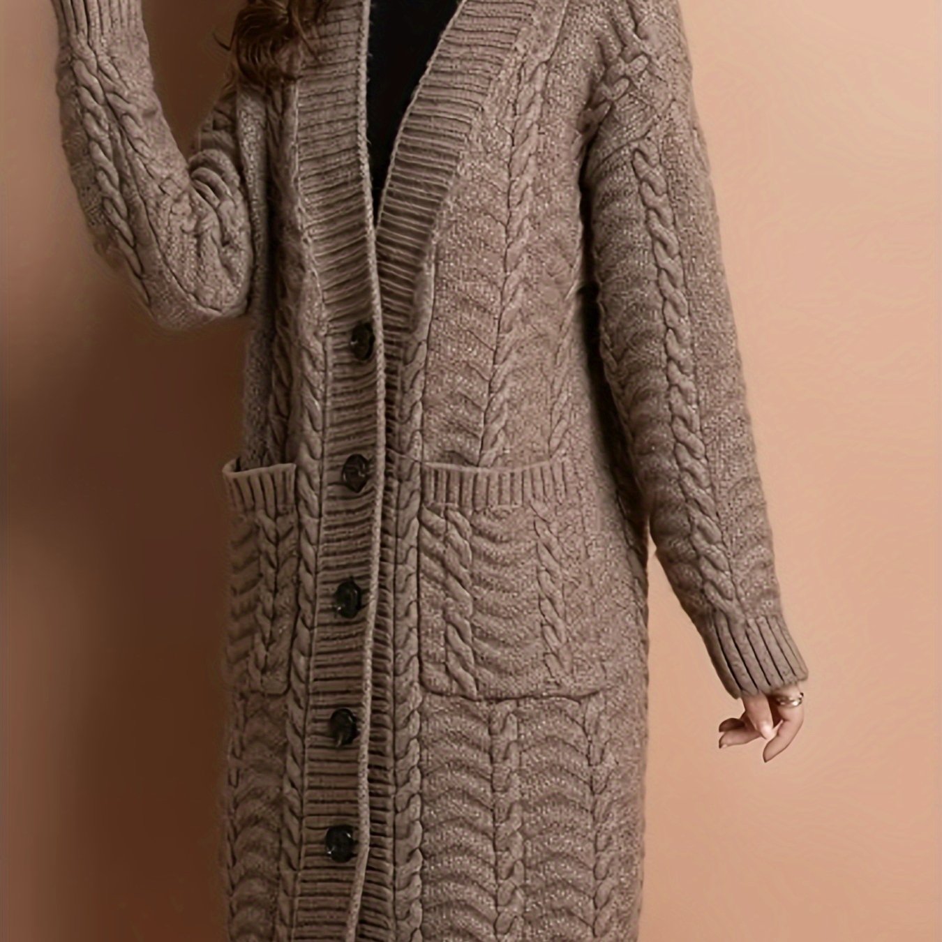 Plus-Size Cable Knit Cardigan for Women Long Sleeve Open Front Pockets Fall Winter