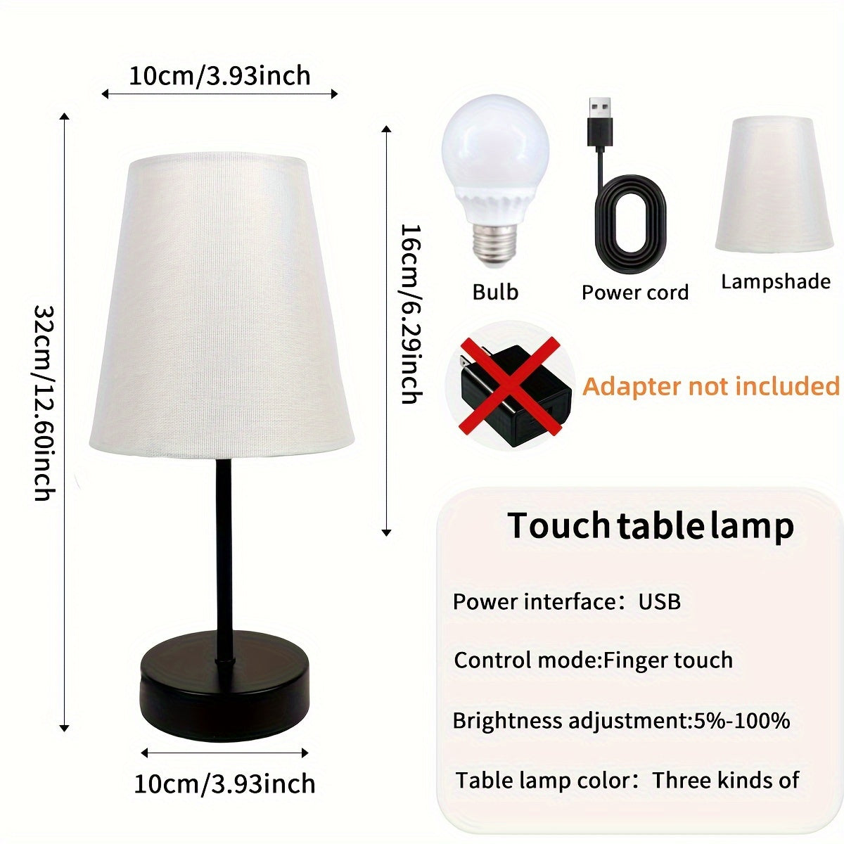 Lámpara de mesa LED regulable con control táctil, carga USB, base de metal negro para dormitorio, oficina en casa