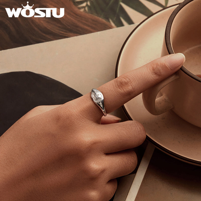 Women's Silver Open Ring with Star and Moon Design and Synthetic Zirconia Stones