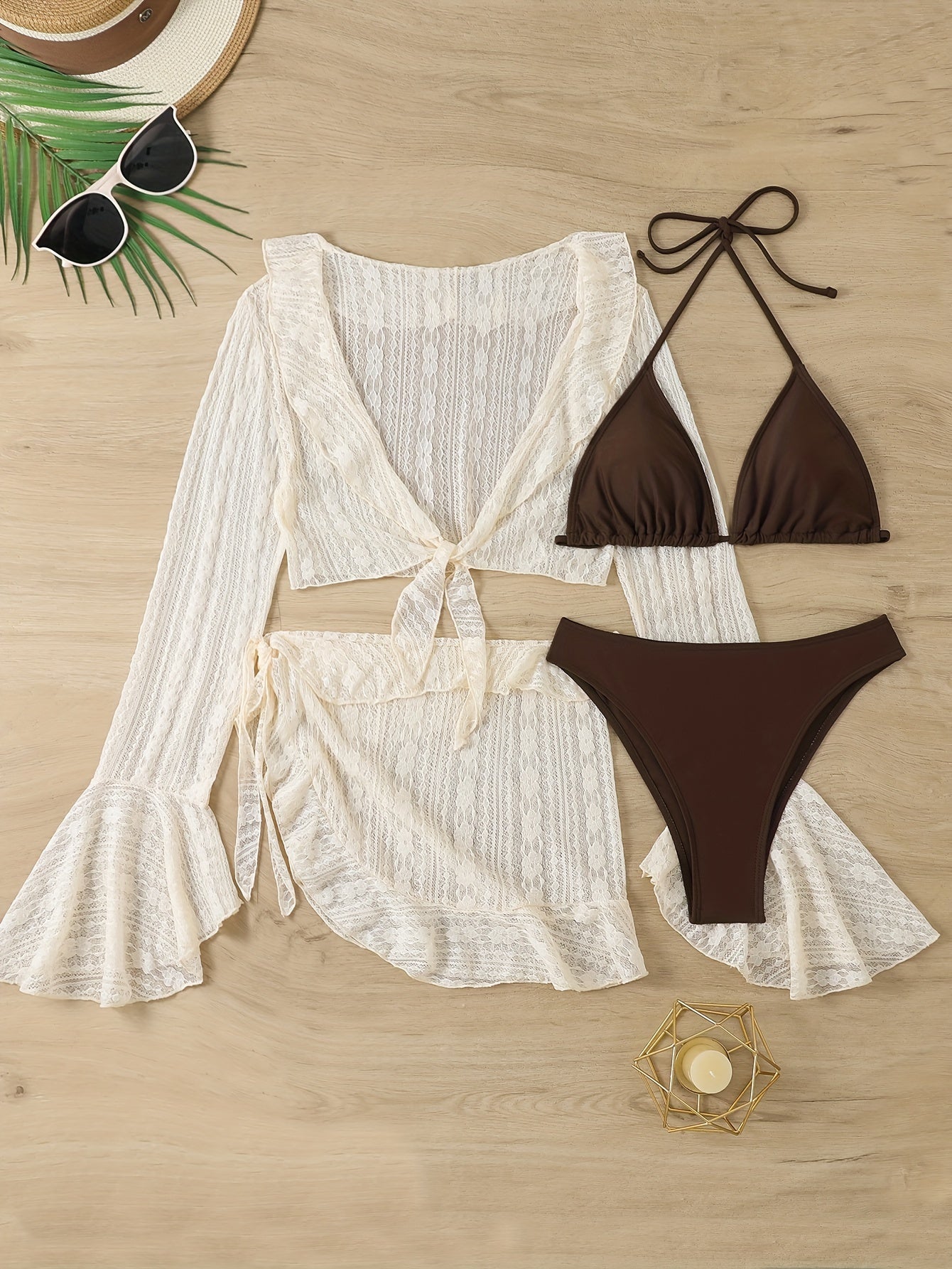Women's Bikini Set with Lace Long Sleeve Cover-Up High-Waisted Stretch Nylon Elastane Sun Protection Beachwear