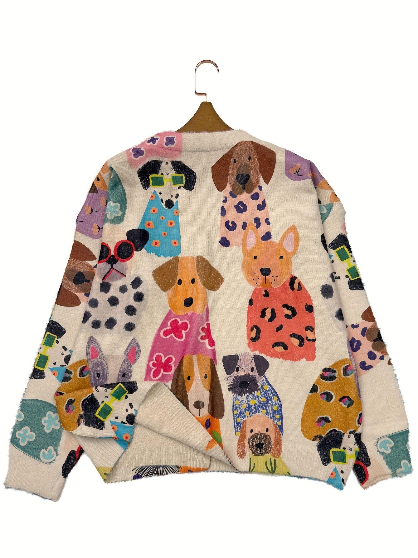 Plus Size Women's V-Neck Long Sleeve Cardigan Knit Sweater With Dog Print