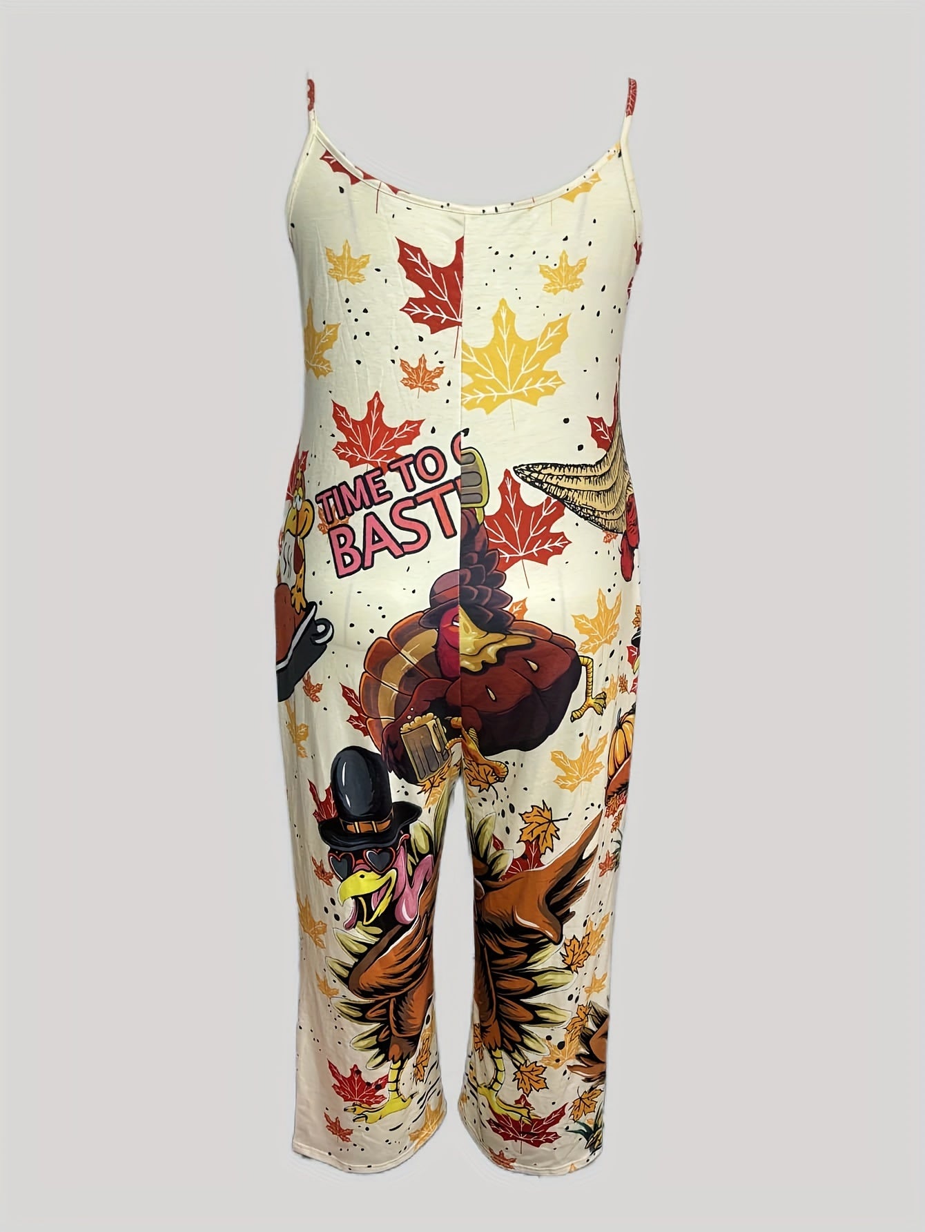 Plus Size Women Cartoon Turkey Print Jumpsuit Polyester Sleeveless Overalls