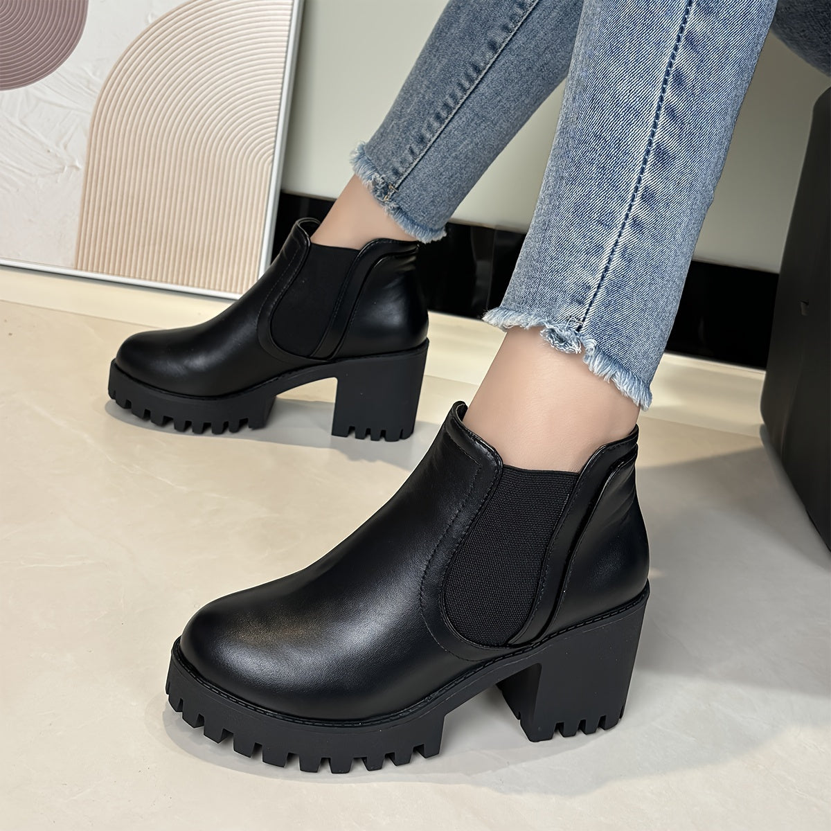 Women's Faux Cover Ankle Boots with Chunky Heel, Rubber Sole, Black