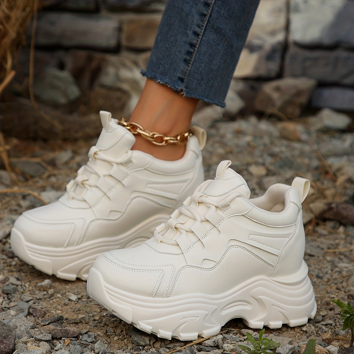 Women's White Platform Sneakers Casual Lace-Up Thick Sole All-Season