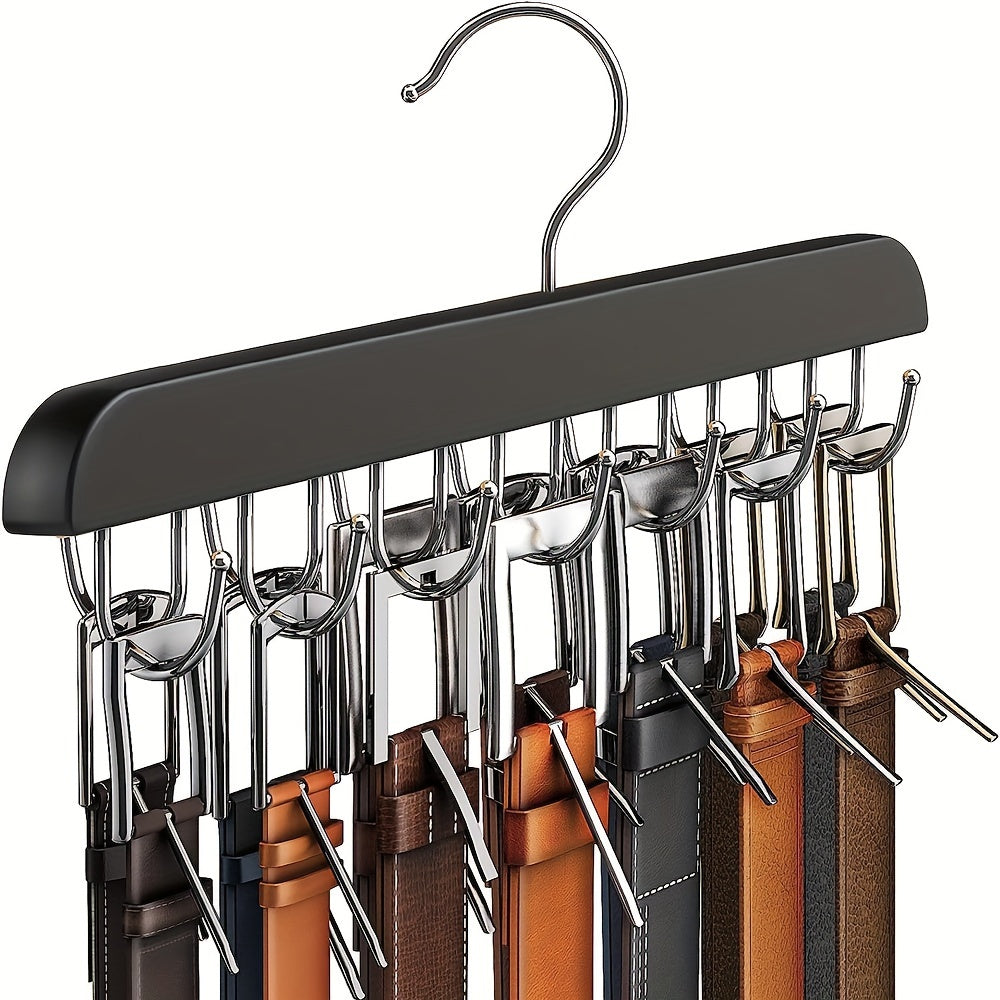 Wooden Wall Organizer with 14 Hooks for Belts Ties Scarves and Accessories