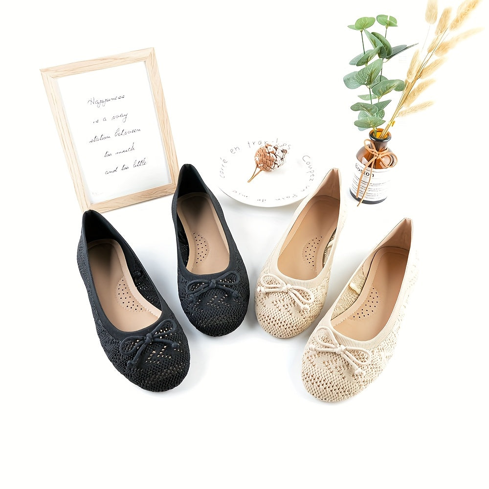 Women Slip-On Ballet Flats Breathable Knit Round-Toe Shoes Black Beige