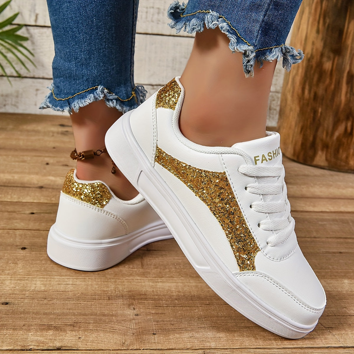 Women's Sequin Casual Sneakers Lace Up Lightweight Glitter Low-Top Shoes