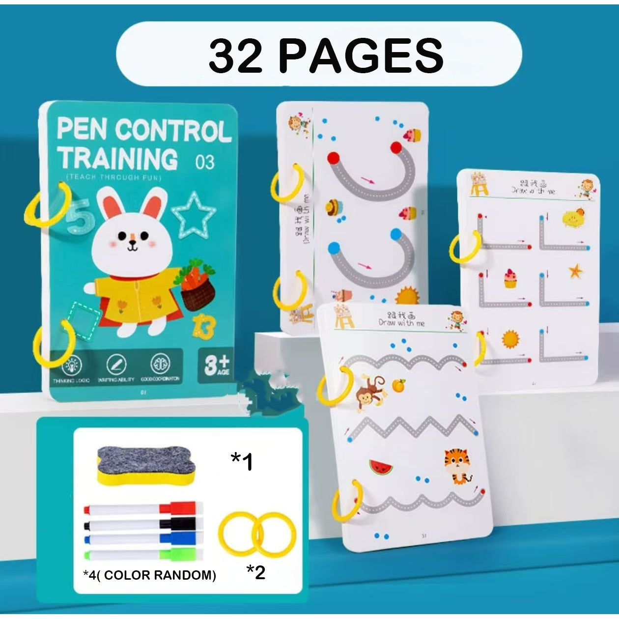 Drawing Practice Book for Ages 3-8 Blue Erasable Pens Early Learning Coordination Skills