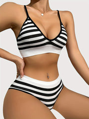 Women's Colorblock Striped Wireless Push-Up Bra and Elastic Panties Lingerie