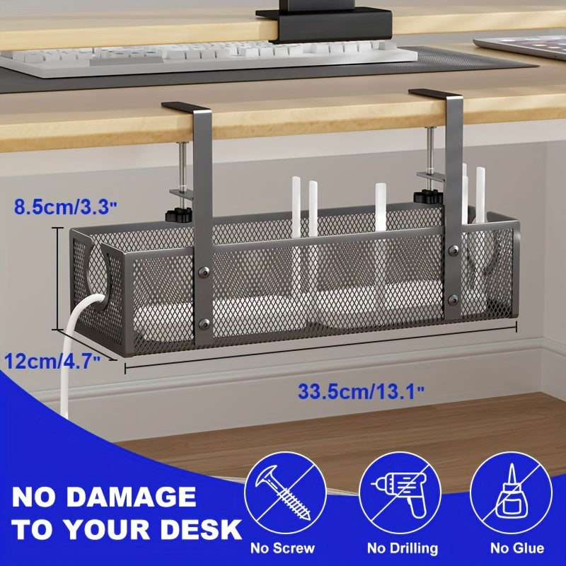 Black Wire Cable Organizer for Office Desks with Metal Arm Under-Desk Storage