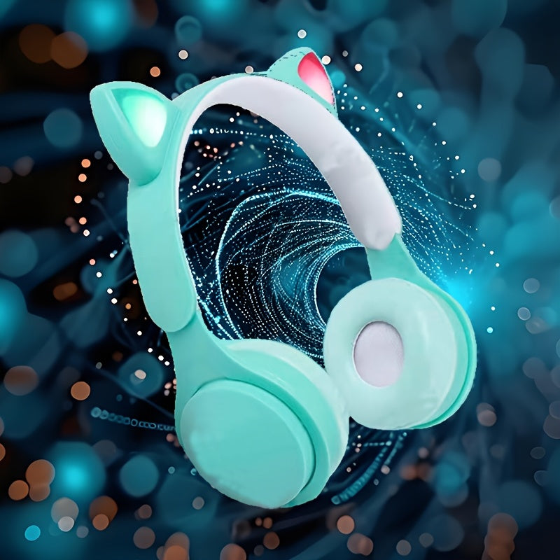 Wireless Headset with Luminous Cat Ears, LED Lights, Foldable, Wireless, for Travel and Gaming