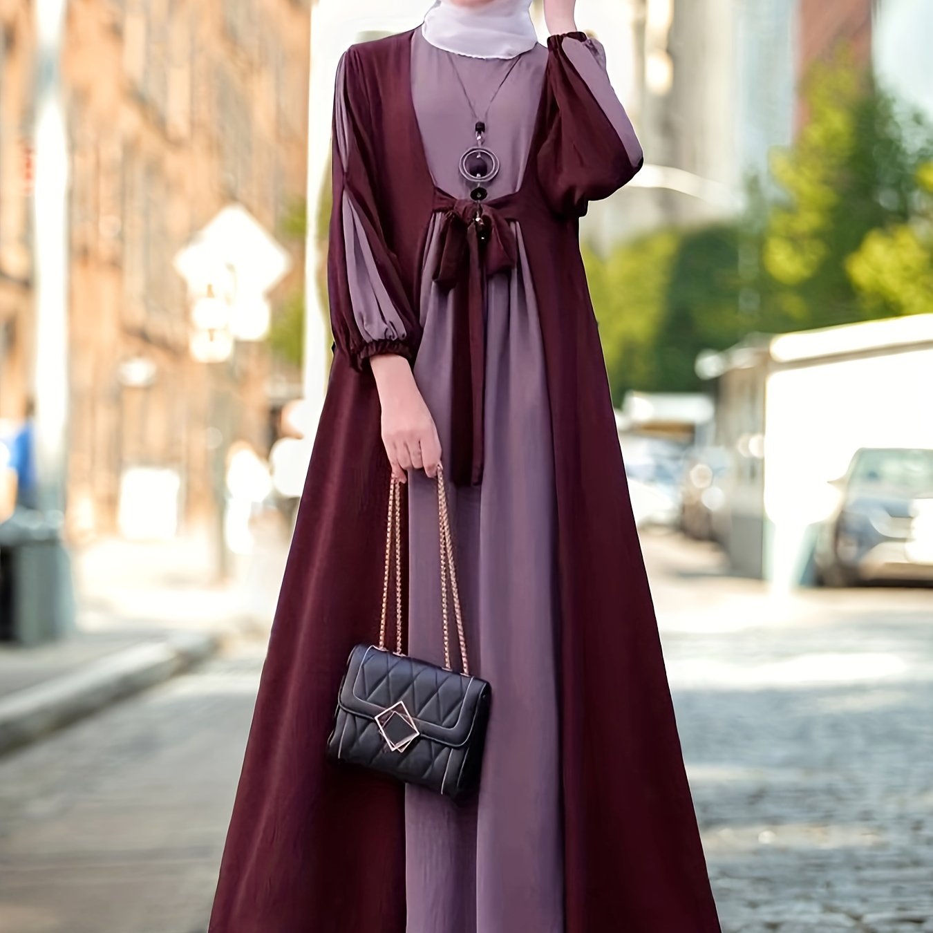 Women's Ramadan Color Block Tie Front Maxi Kaftan Dress Long Sleeve Polyester