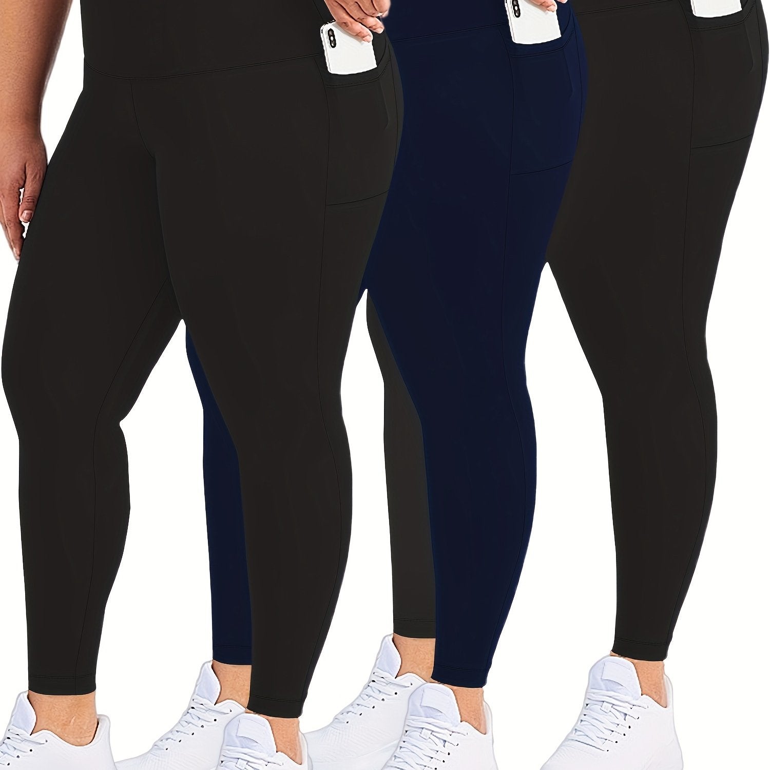 Plus Size Womens Black Pockets High Waisted Tummy Control Leggings Set