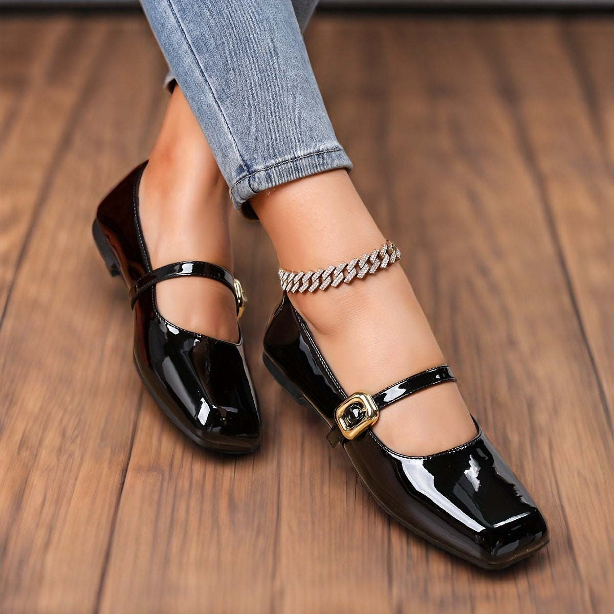 Women's Flat Shoes Mary Jane Square Toe Glitter Buckle Patent TPR Sole