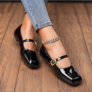 Women's Flat Shoes Mary Jane Square Toe Glitter Buckle Patent TPR Sole