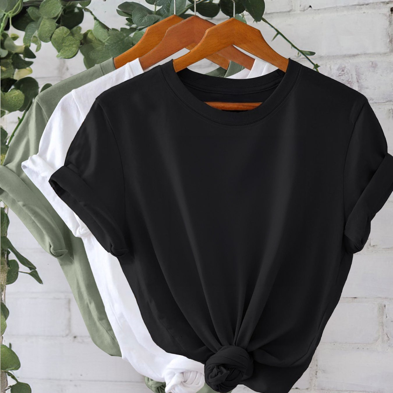 Set of 3 Women's Cotton Solid Color Crew Neck T-Shirts with Short Sleeves and Knot Detail