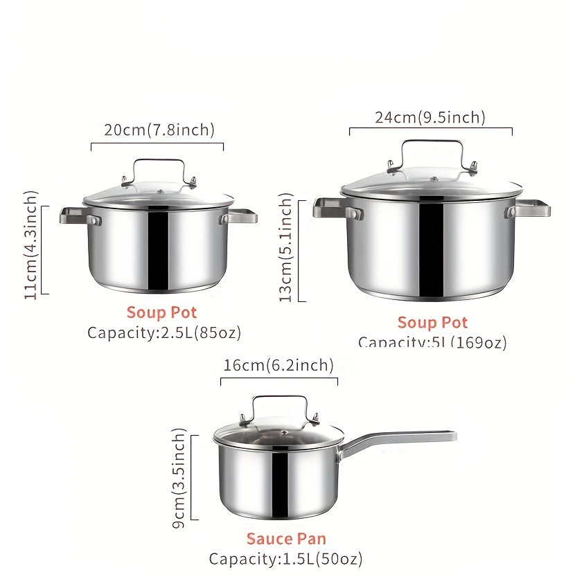 3-Piece Stainless Steel Cookware Set with Glass Lids, Induction Safe, Dishwasher Safe
