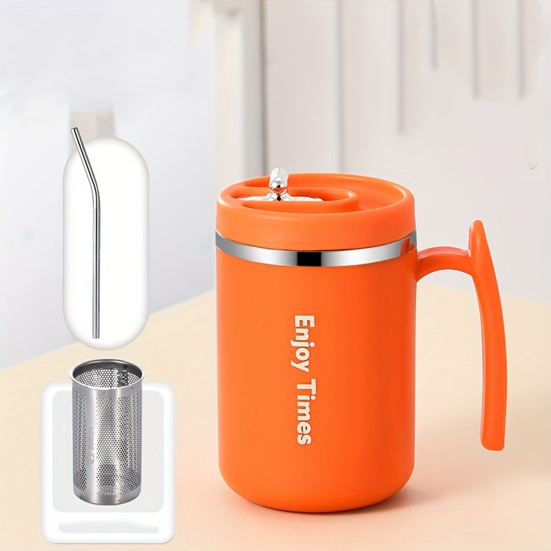 Taza de café de acero inoxidable con asa de pajilla para oficina acampada en naranja azul claro crema