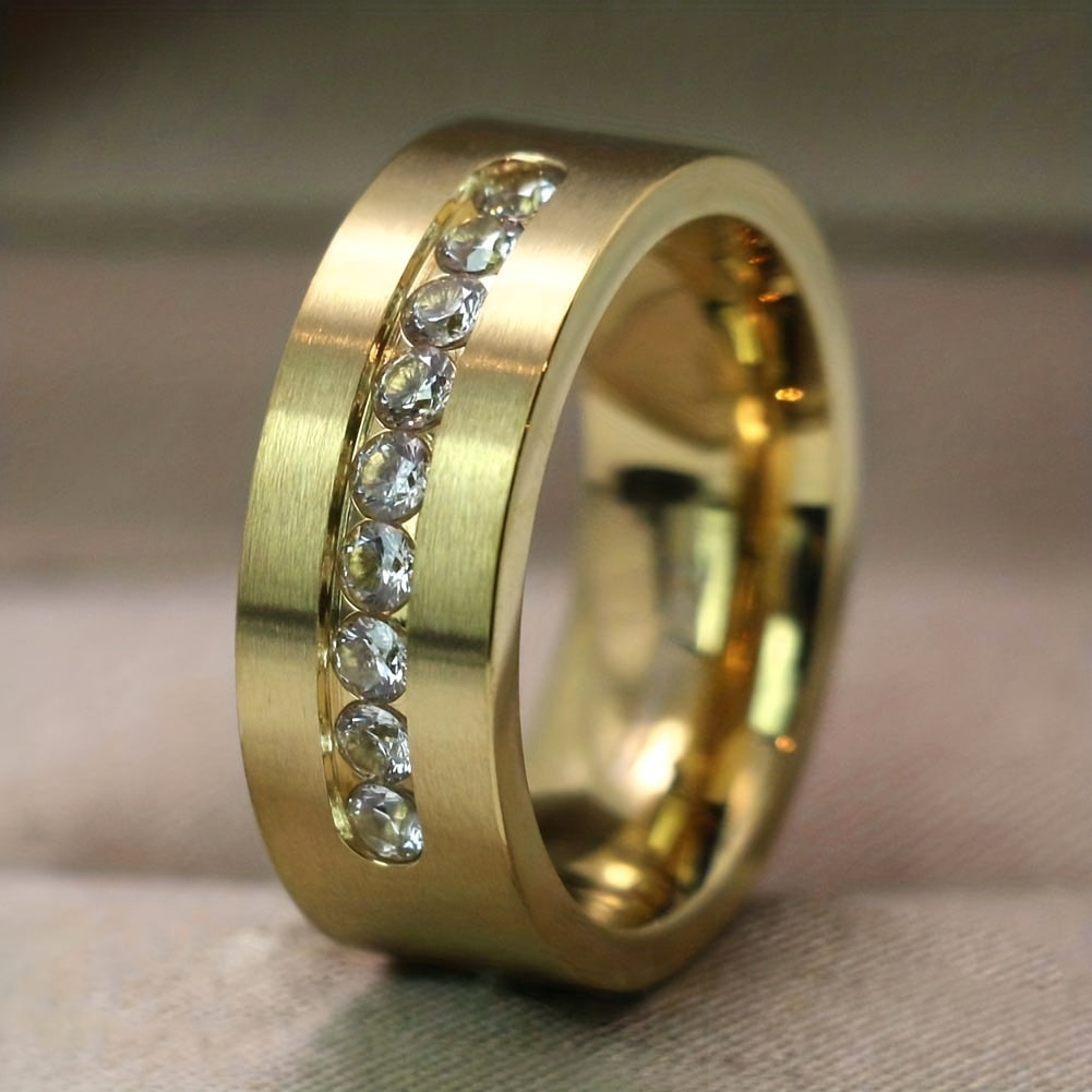 Matte Yellow Gold Round AAA CZ Titanium Steel Men's Wedding Ring 8mm