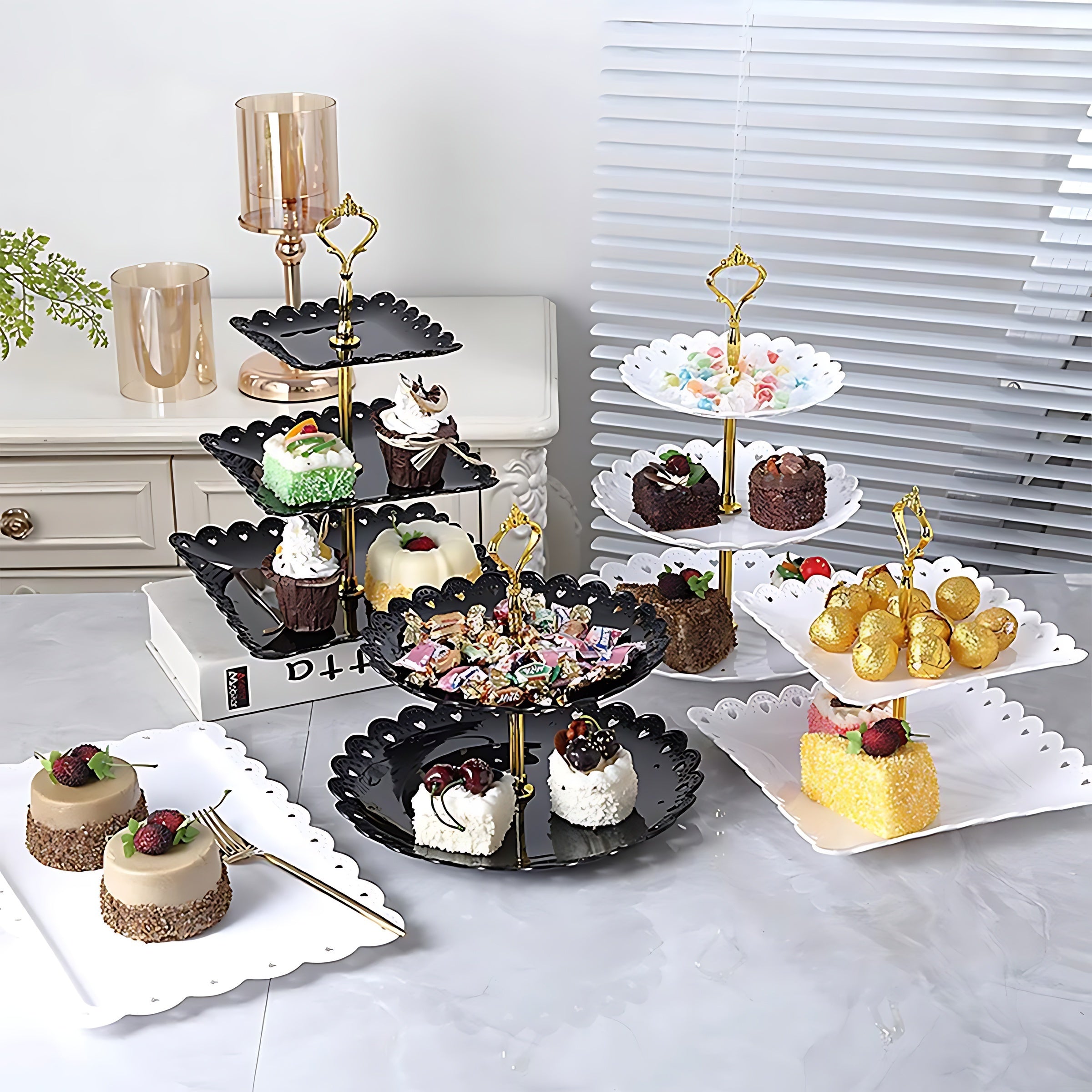 6-Piece White and Black 3-Tier Cupcake Holders Set for Weddings and Events
