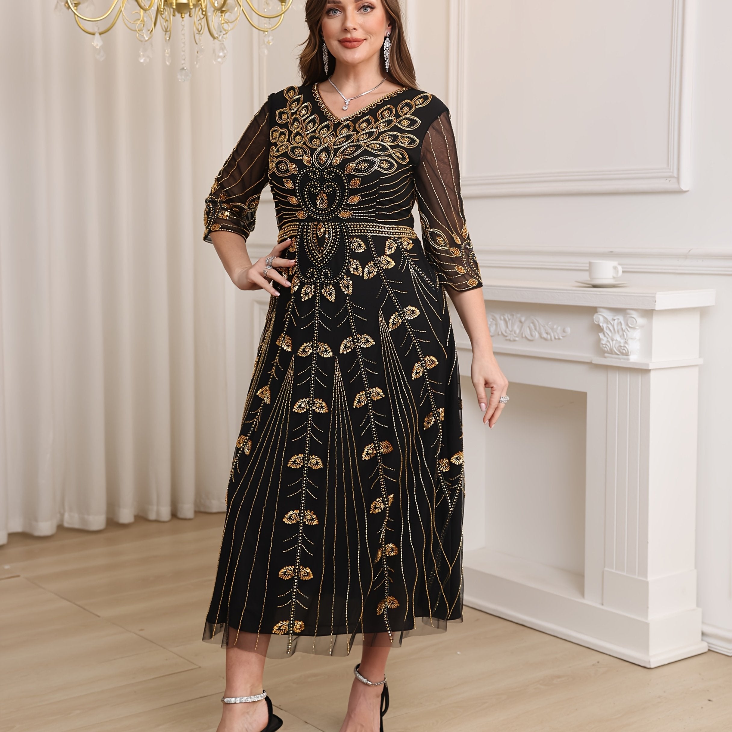 Women Sequin V-Neck Evening Gown Half Sleeve Formal Dress for Spring Summer Fall