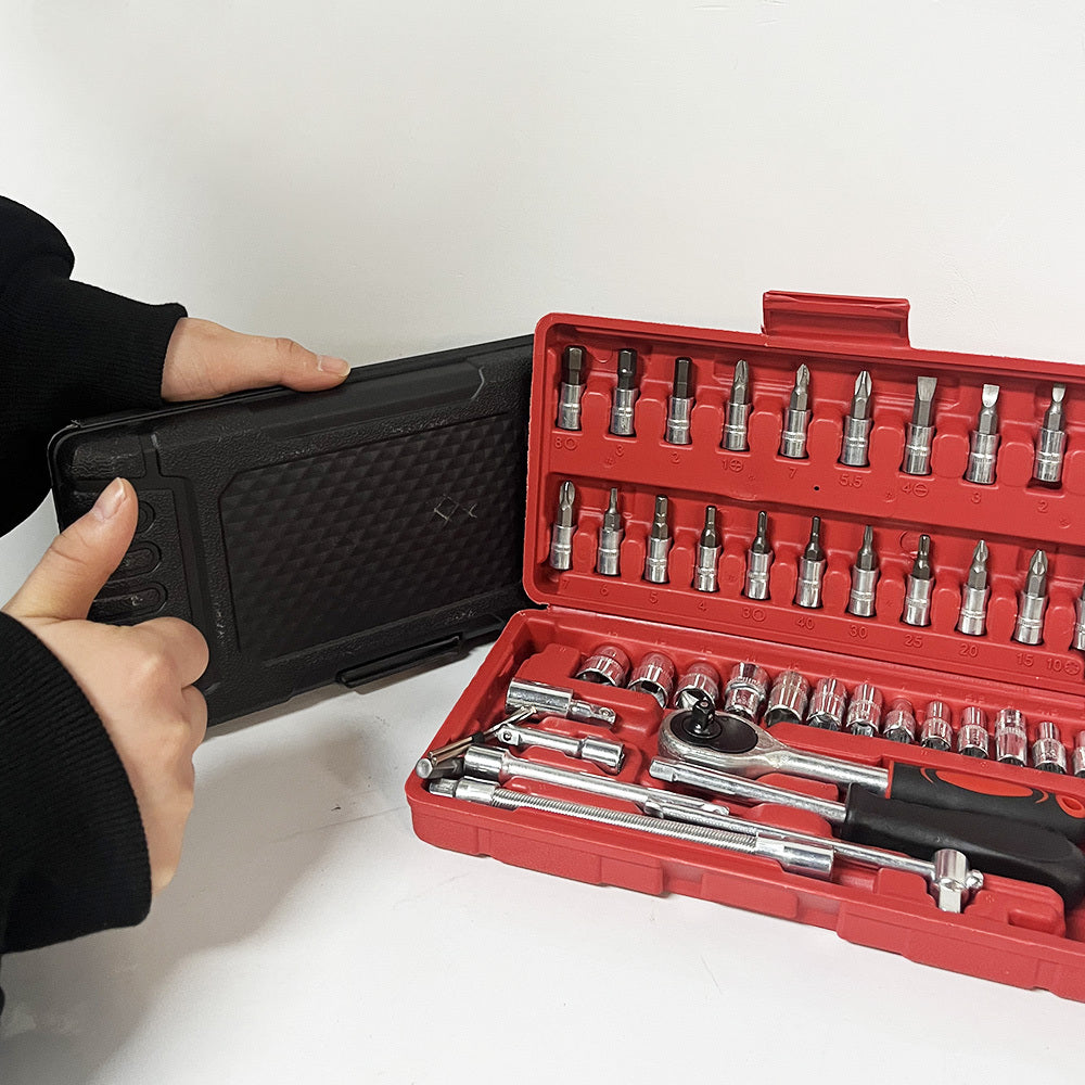 46-Donali rozetkali kalit seti, ratchet uzaytirgich va bitlar bilan, zanglamaydigan po'latdan.