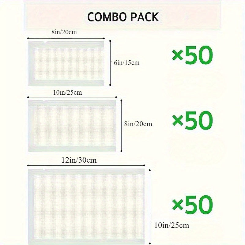 Uch xil o'lchamdagi, jami 150 ta vakuum paketlari: 15.24cm x 20.32cm, 20.32cm x 25.4cm va 25.4cm x 30.48cm.
