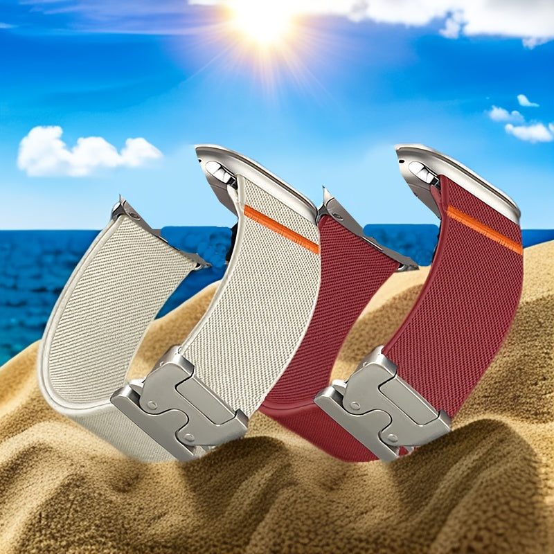 1 dona to'q sariq sport kamar, Apple Watch kamarlariga mos keladigan bezak dizayni bilan, ayollar va erkaklar modellari uchun bir nechta o'lchamlarda. Parashut uslubidagi tasmali kamarga ega.