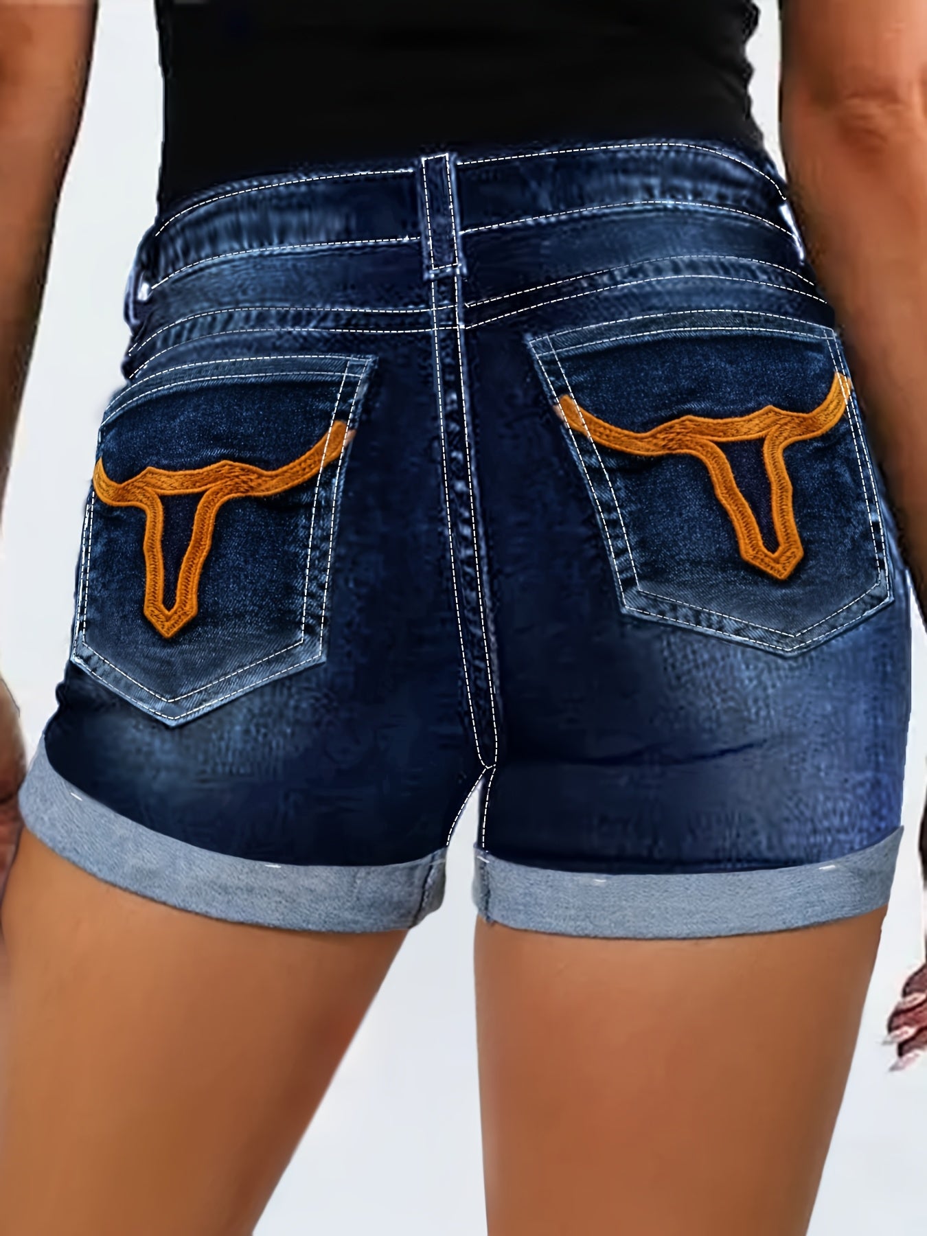 Plus Size Black Geometric Embroidery High Waist Shorts Bermuda Summer Fashion