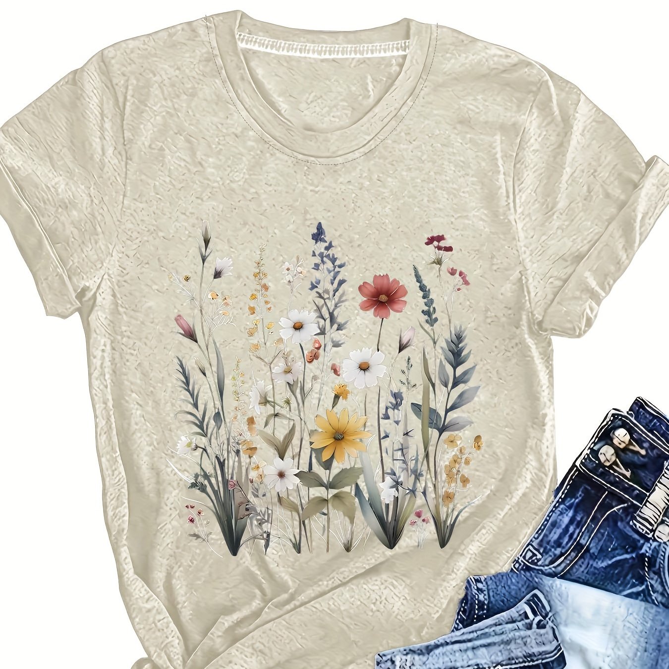 Plus Size Floral Print T-Shirt Polyester Crew Neck Summer Pocket Tee