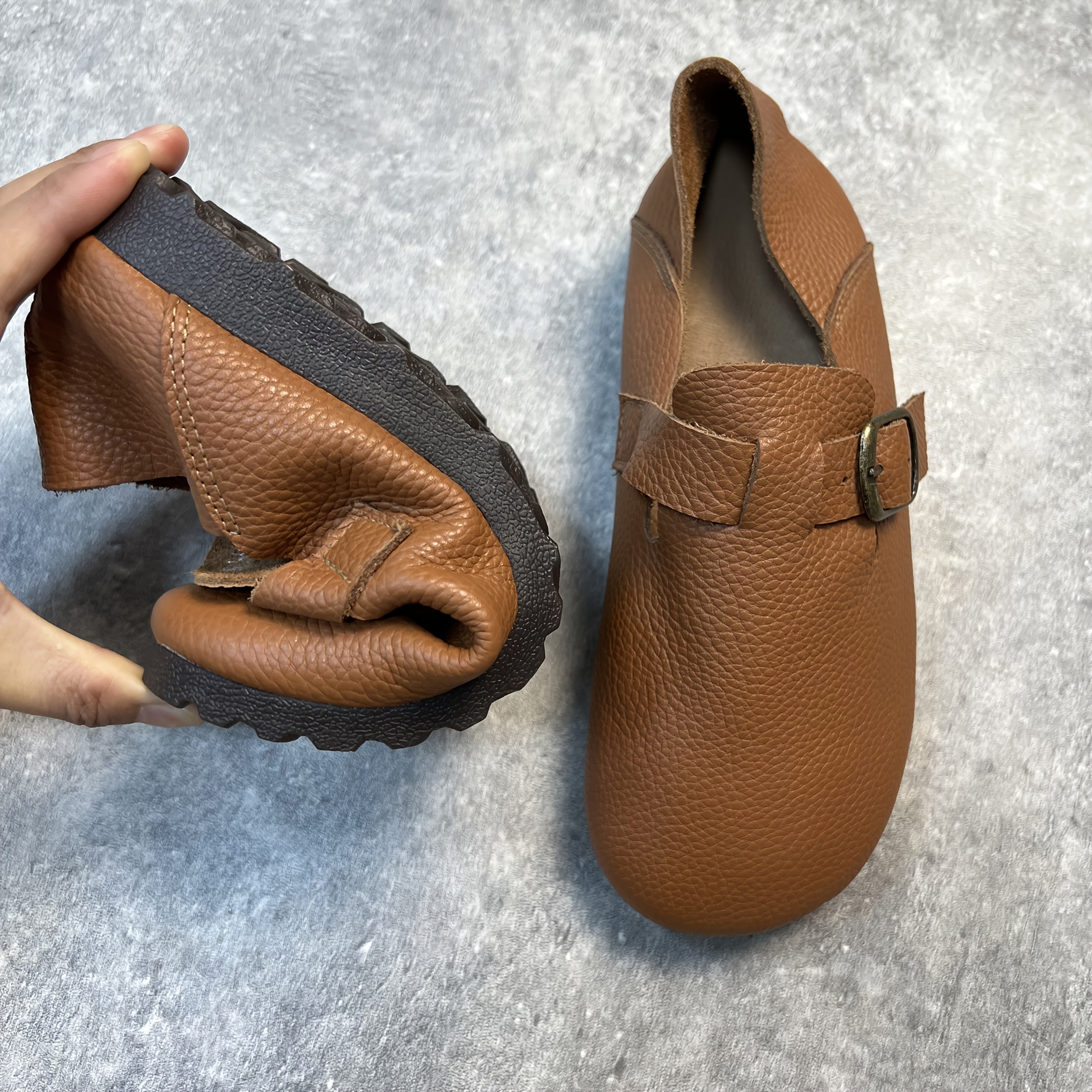 Women's Leather Flat Shoes with Buckle Strap Casual Loafers Brown