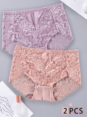 Panties de encaje talla grande para mujer 2-pack con patrón floral transpirable de estiramiento medio