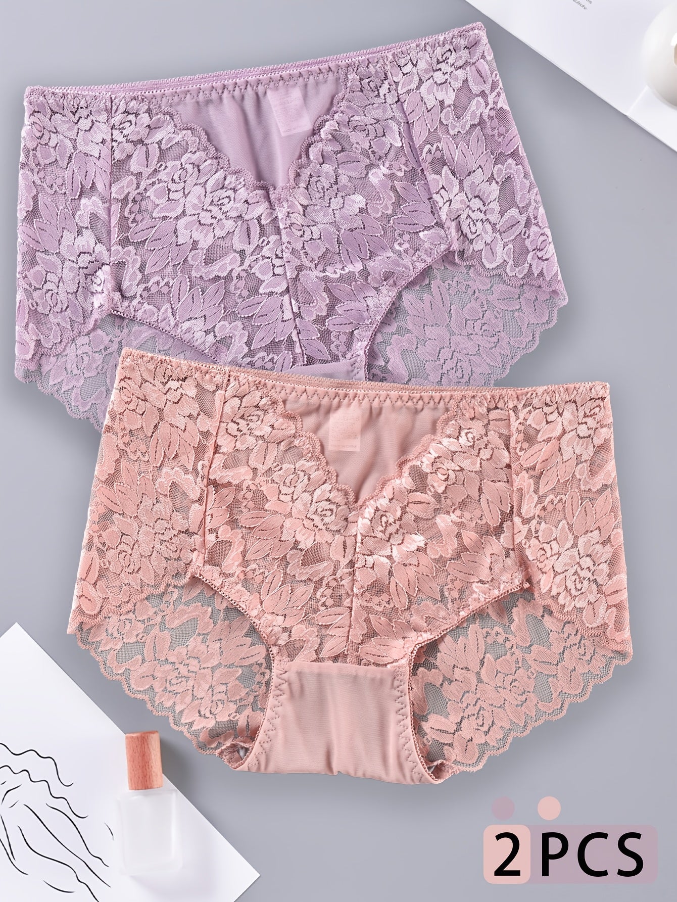 Panties de encaje talla grande para mujer 2-pack con patrón floral transpirable de estiramiento medio