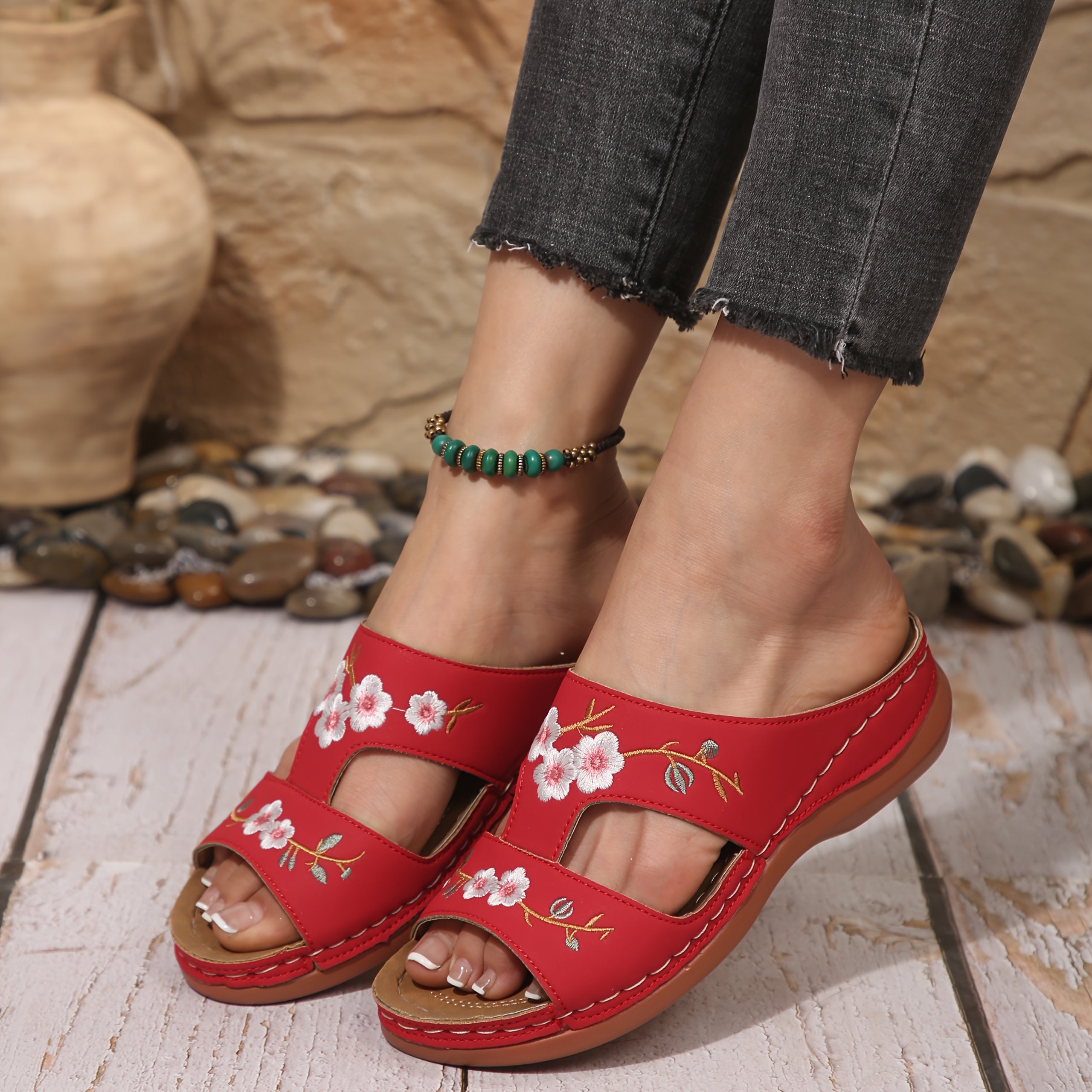 Women's Floral Wedge Sandals Faux Cover Open Toe Slip-On Summer Shoes