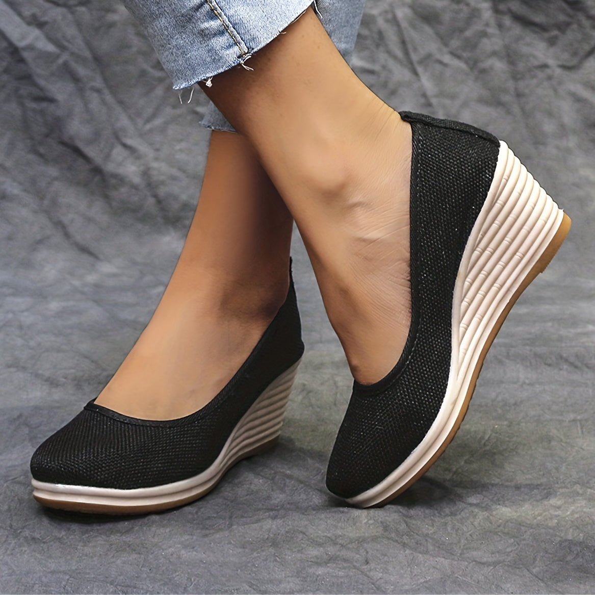Women's Bohemian Breathable Fabric Wedge Heel Shoes Black Natural Jute Platform