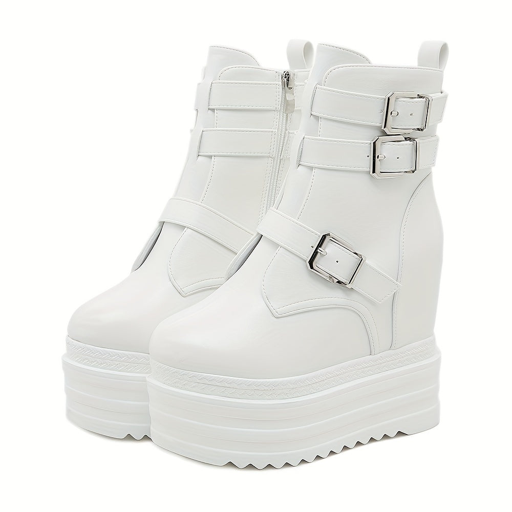 Women's Punk-Inspired Platform Ankle Boots with Buckle Zipper Black White