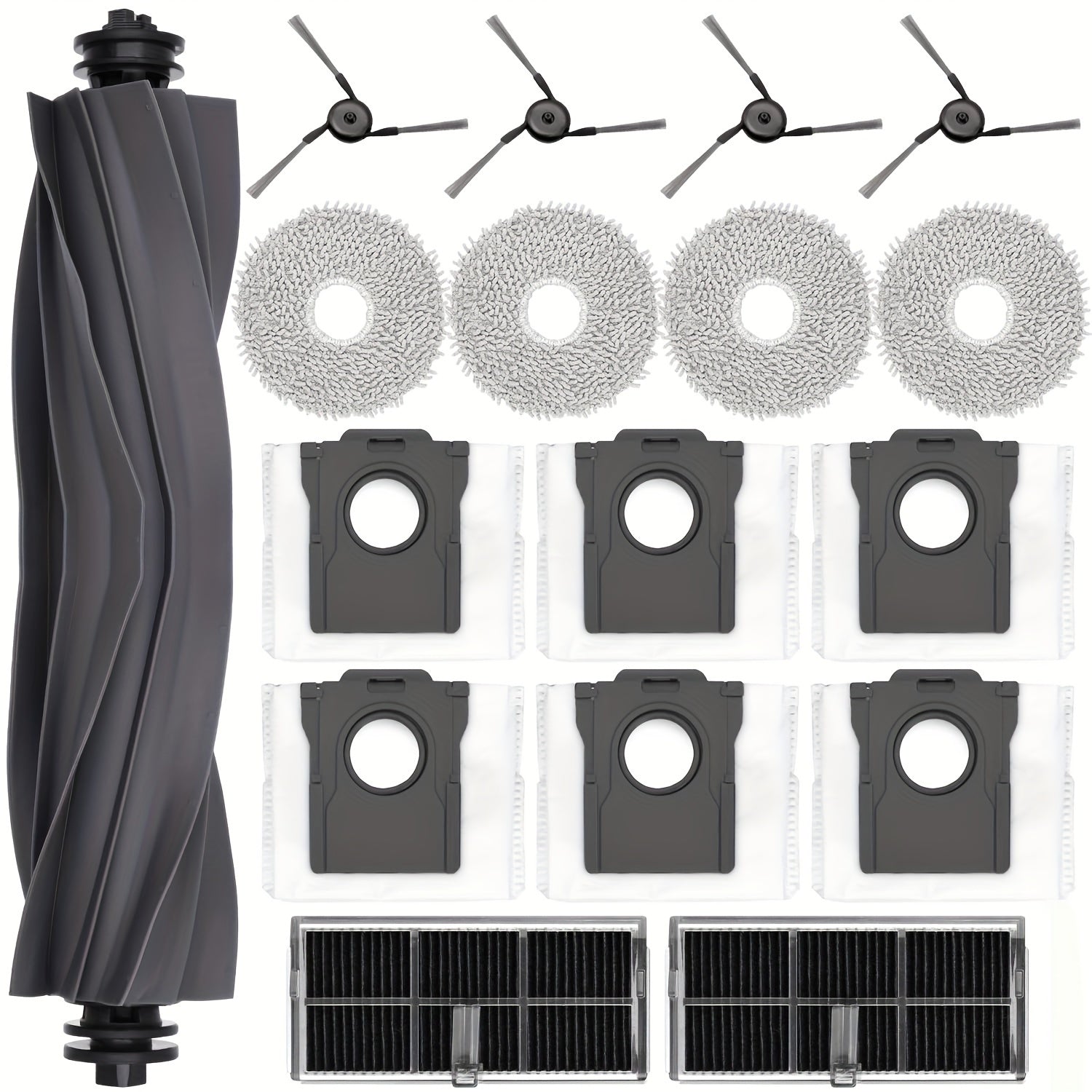 Dream X40 Ultra aksessuarlar to'plami 4 mopa, 6 chang sumkasi, 1 asosiy cho'tka, 4 yon cho'tka, 2 filtr va robot tozalovchingiz uchun almashtirish qismlarini o'z ichiga oladi.