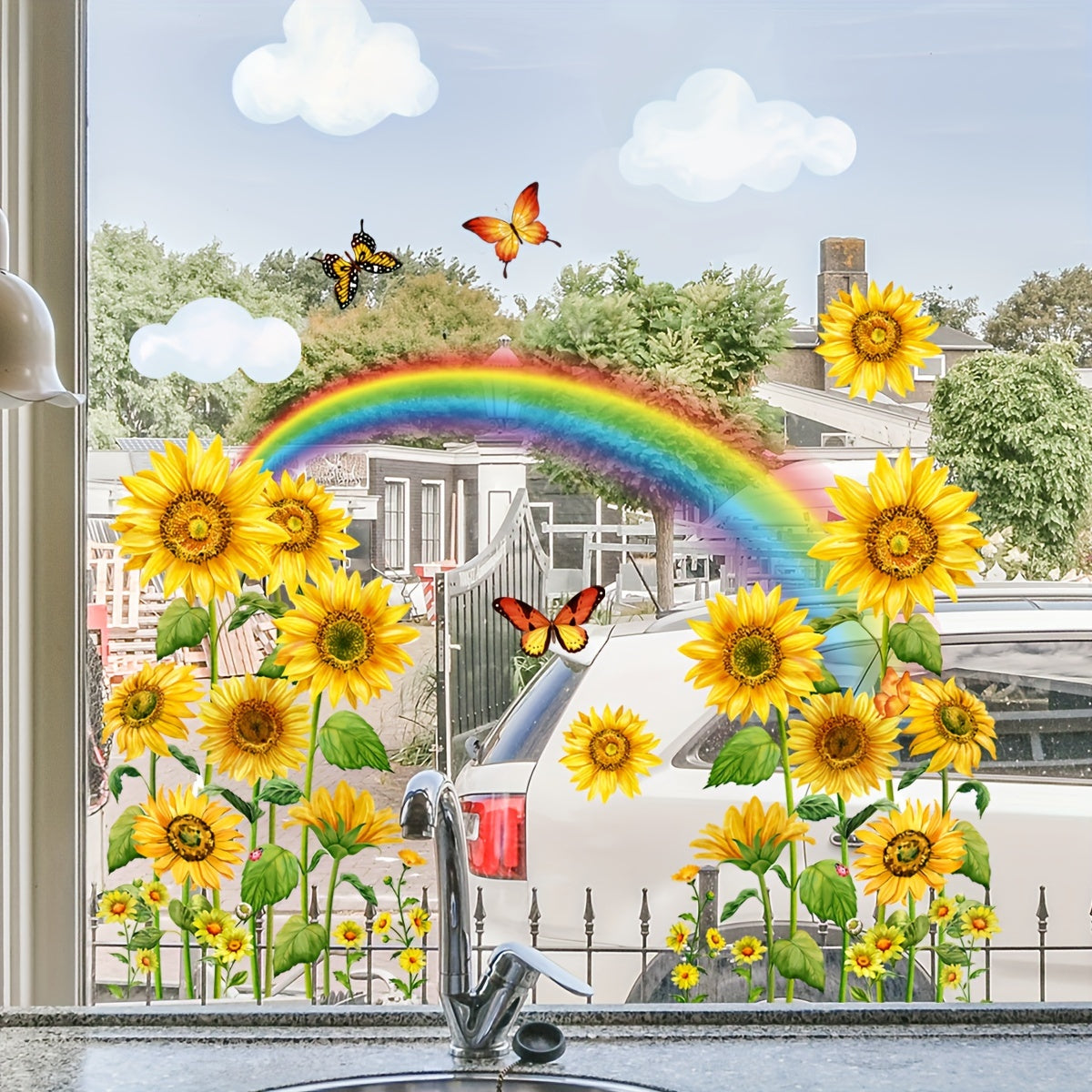 Double-Sided Sunflower and Rainbow Butterfly Window Decal Self-Adhesive PVC Sticker