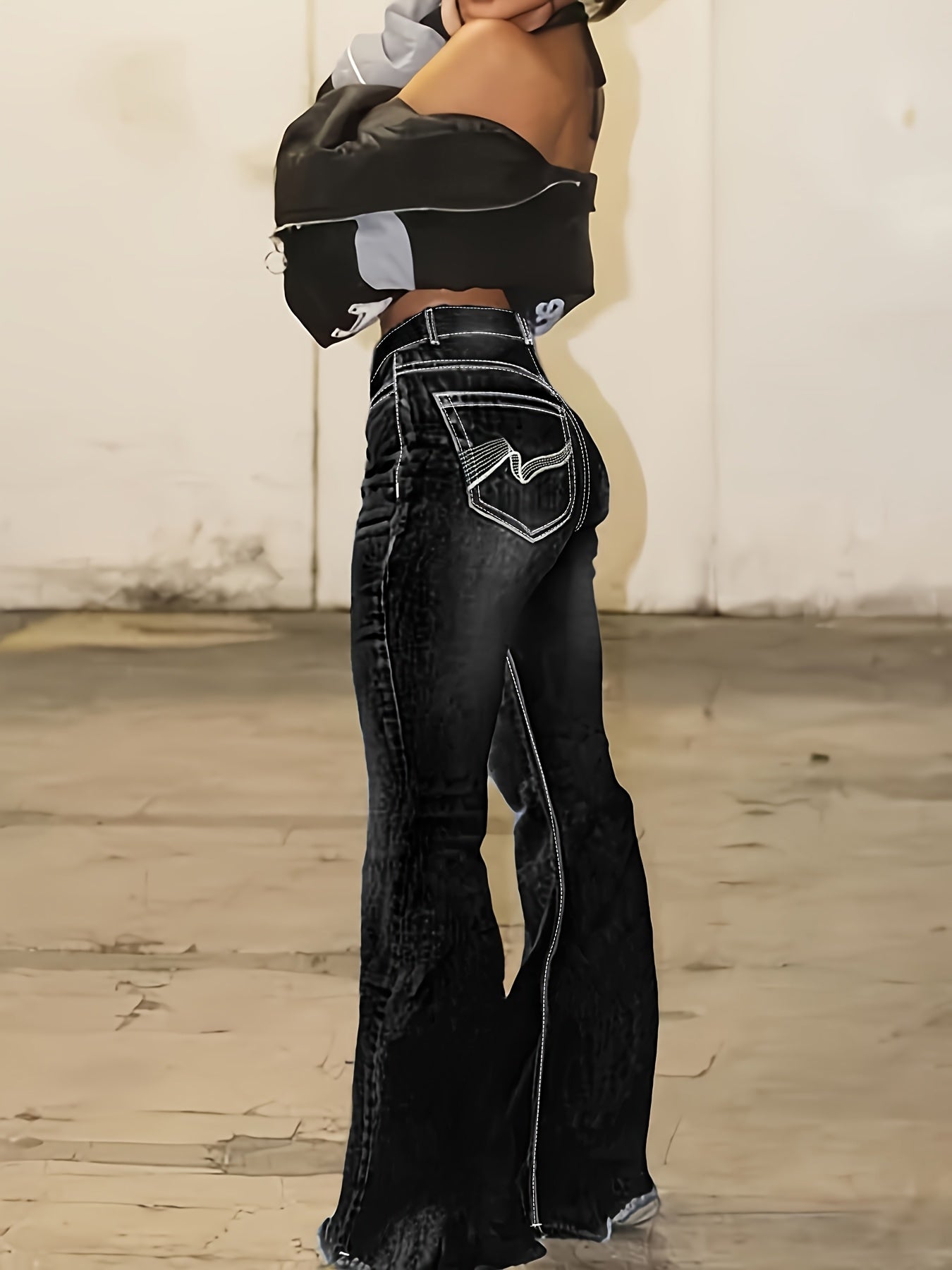 Women's Plus Size Black Embroidered Stretch Bootcut Jeans High Waist Casual