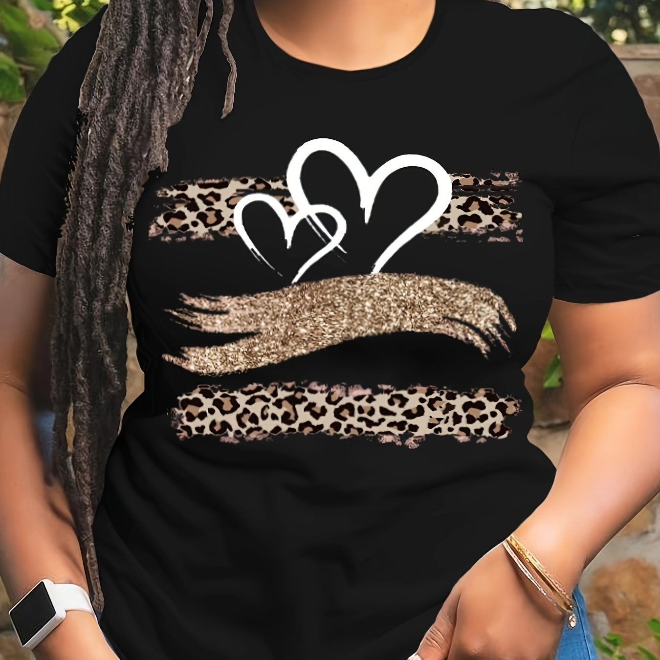 Plus Size Heart Print T-Shirt Women's Casual Short Sleeve Top