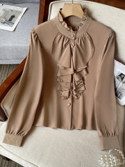 Women's Polyester Blend Blouse with Ruffle Detail and Stand Collar