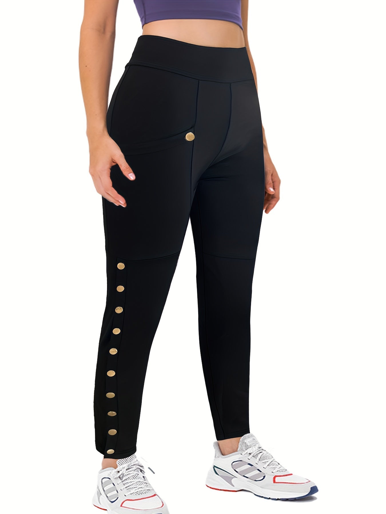 Women's Black Pencil Pants with Rivets Side Slits Stretchy Polyester Spandex