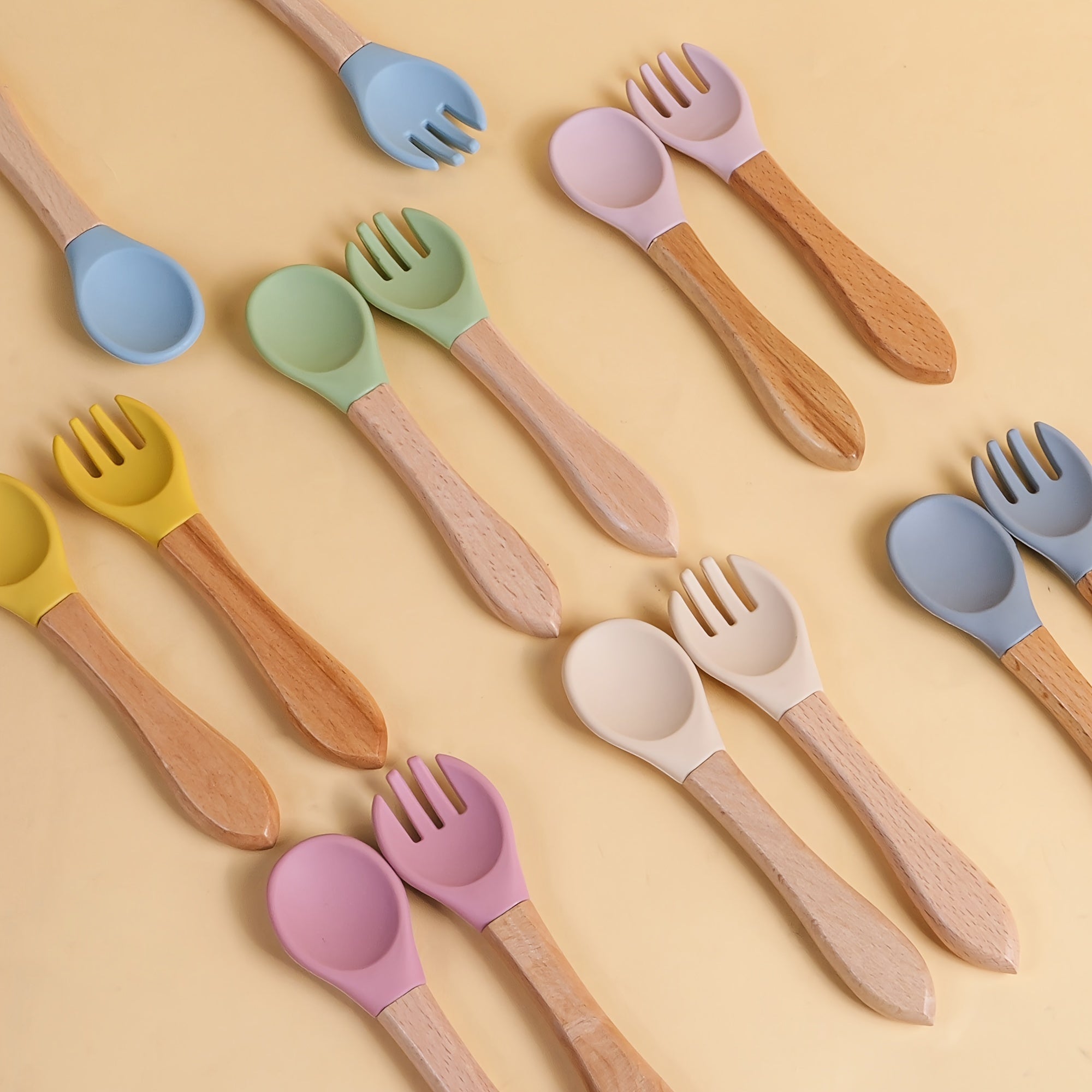 Baby Feeding Set Bamboo and Silicone Fork and Spork for Toddler Self-Feeding
