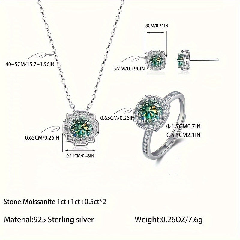 Sterling Silver Jewelry Set with Moissanite Earrings Necklace and Ring in Multiple Colors