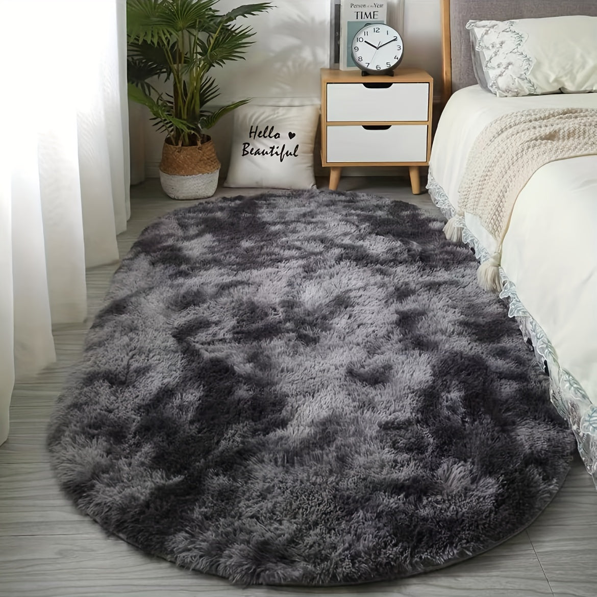 Soft Polyester Plush Oval Area Rug for Bedroom and Living Room Hand Washable