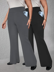Plus Size High-Waist Flare Pants with Pockets - Stretchy Comfortable All Seasons